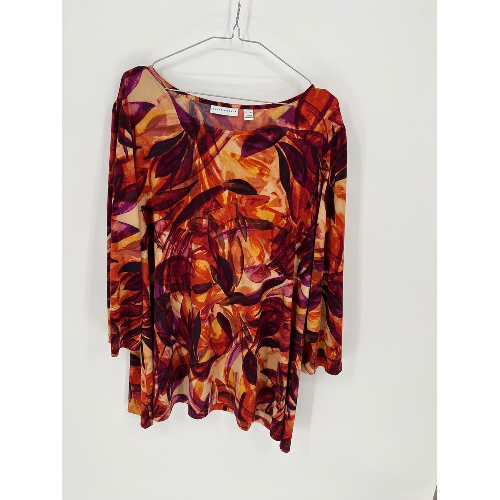 Susan Graver Womens Tunic Top Abstract Leaf Print Orange XL